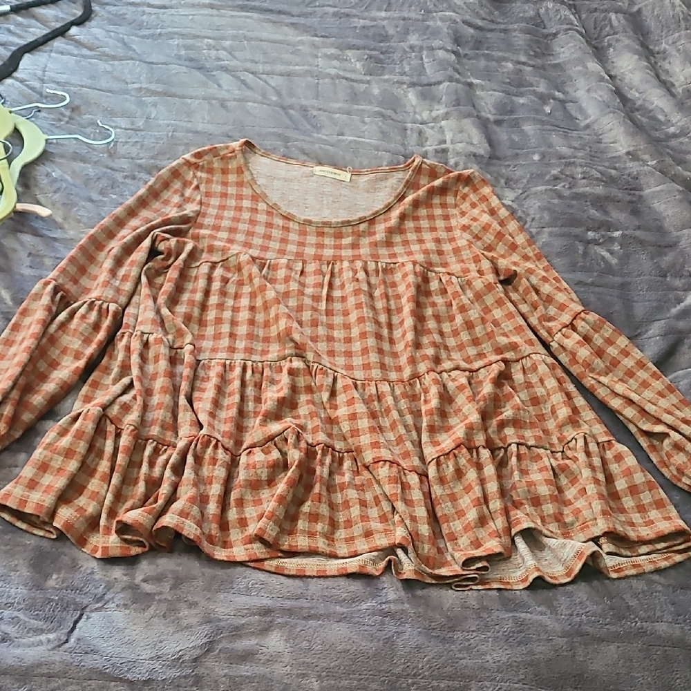ANDTHEWHY Tiered Plaid Top - Orange Check